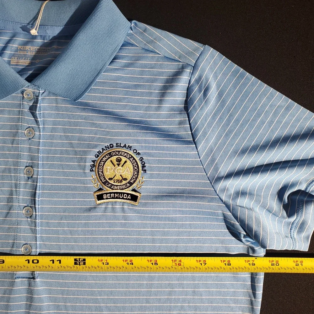 Nike Golf Polo Shirt Womens Large Blue Stripe Dri‎ Fit PGA Grand Slam Bermuda